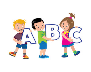 Children set. Smiling three kids with letters ABC