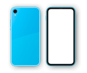 Blue frameless smartphone, back and front view. High detailed realistic phone