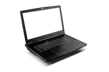 Front view of gaming laptop with shadow on white isolated background. Laptop designed for gamers or professional players or 3d rendering