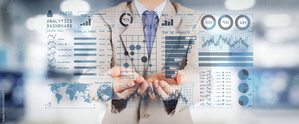 Poster intelligence (bi) and business analytics (ba) with key performance indicators (kpi) dashboard concep