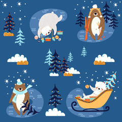 set with colorful winter bears celebrating new year. Vector, illustration