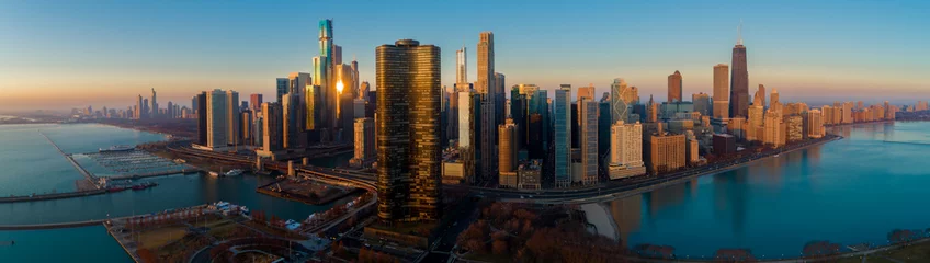 Foto auf Acrylglas Chicago Chicago Skyline Lake Shore Panorama Sonnenaufgang Antenne 9