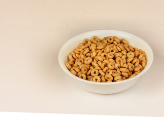 Bowl of cereal on white background.