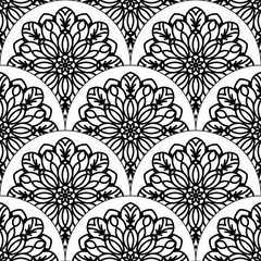 Abstract mandala fish scale seamless pattern. Ornamental tile, mosaic background. Floral patchwork infinity card. Arabic, Indian, ottoman motifs. Vector illustration.  