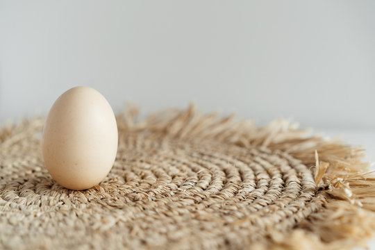 minimalism, one chicken egg on a light background and a straw napkin