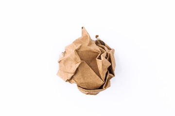 Crumpled paper ball. Isolated on white background. Concept for businnes, banner, web site and other. Vintage paper. Crumpled cardboard.