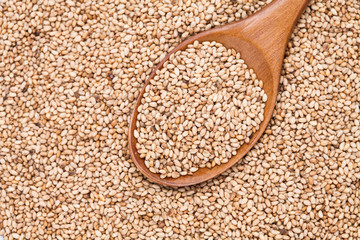 Top view of sesame seeds with wood spoon.
