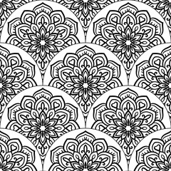 Abstract mandala fish scale seamless pattern. Ornamental tile, mosaic background. Floral patchwork infinity card. Arabic, Indian, ottoman motifs. Vector illustration.   © _aine_