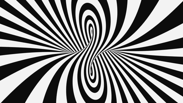 Black and white psychedelic optical illusion. Abstract hypnotic animated background. Spiral geometric looping monochrome wallpaper