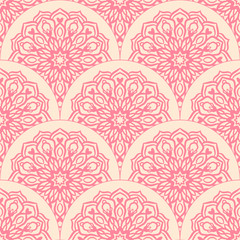 Fototapeta premium Abstract mandala fish scale seamless pattern. Ornamental tile, mosaic background. Floral patchwork infinity card. Arabic, Indian, ottoman motifs. Vector illustration. 