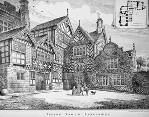 Turton Tower House with plan in a vintage book Old English Houses by Maurice Adams, 1888, Holford Hall House in a vintage book Old English Houses by Maurice Adams, 1888, London