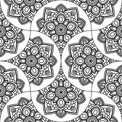 Abstract mandala fish scale seamless pattern. Ornamental tile, mosaic background. Floral patchwork infinity card. Arabic, Indian, ottoman motifs. Vector illustration.  