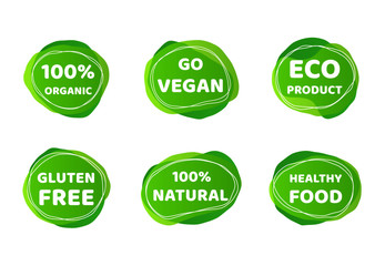 Vegan bio food logo set. Green organic product sticker design with doodle elements, eco nature friendly emblem frames. Vegan food symbols for stickers, labels and logos