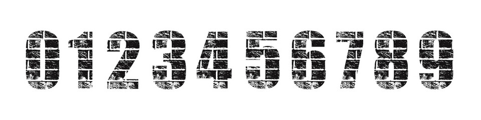 Number 1 2 3 4 5 6 7 8 9 0 graffiti grunge style brick wall texture. Masonry black numeral on white background. Block architecture construction font. Vector industrial illustration