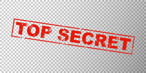 Top secret red square grunge stamp on transparent grid background. Private concept sign with text - top secret. Ink mark for secret files. Vector illustration - obrazy, fototapety, plakaty