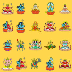 Indian gods, Shiva, Brahma, Vishnu, Ganesha, Agni, Indra and others.
