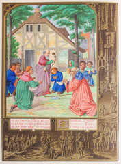 Old man anoints young man. Crowd of men around.  In a vintage book Les Evangiles, edited by Curmet,...