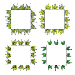 Four square  frames with green grass and leaves. Isolated frames on white background for your design