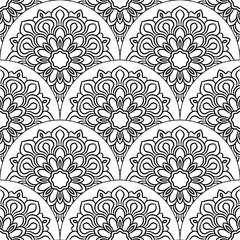 Fototapeta premium Abstract mandala fish scale seamless pattern. Ornamental tile, mosaic background. Floral patchwork infinity card. Arabic, Indian, ottoman motifs. Vector illustration. 
