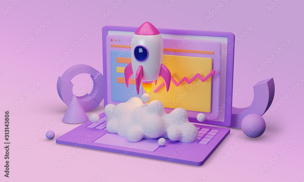 Poster launching new product or service. technology development process. space rocket launch. 3d render