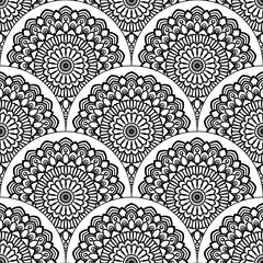 Abstract mandala fish scale seamless pattern. Ornamental tile, mosaic background. Floral patchwork infinity card. Arabic, Indian, ottoman motifs. Vector illustration.  