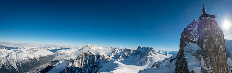 beautiful panoramic scenery view of europe alps landscape from the aiguille du midi chamonix france - obrazy, fototapety, plakaty