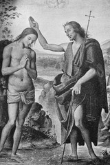 Baptism by Pietro Perugino in a vintage book Portraits of Christ, by K.A. Fisher, 1896, Moscow.