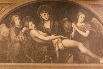 Fototapeta premium Our Lady over the dead Savior by Francesco Francia in a vintage book Portraits of Christ, by K.A. Fisher, 1896, Moscow.