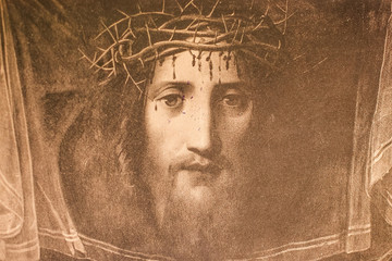 Portrait of Jesus Christ by Correggio in a vintage book Portraits of Christ, by K.A. Fisher, 1896,...