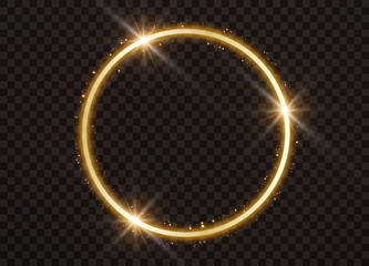 Ring with gold dust. Round shiny frame with light bursts. Magical glowing  banner. Vector illustration.