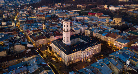 View on Lviv city hall at night from drone