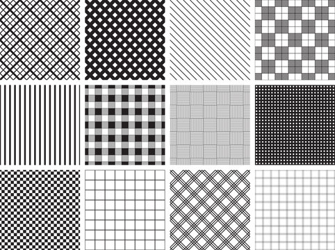A collection of 12 seamless plaid, check and stripe patterns. 