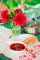 Cold borscht on hot days. beetroot soup