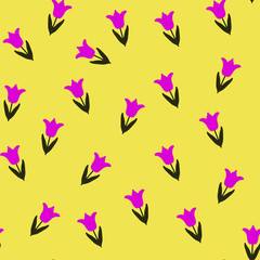 Trendy Wildflower pink tulip seamless pattern . Spring florals on Yellow  background, texture, wrapper pattern