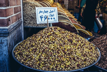 Nuts and almonds for sale on a famous Grand Bazaar in Tehran, Iran