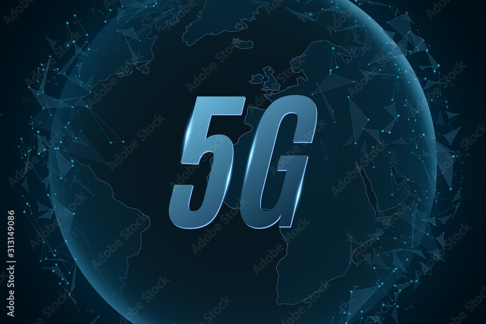 Poster 5g network. map planet earth with geometric particles. flying triangles. modern technology design. v