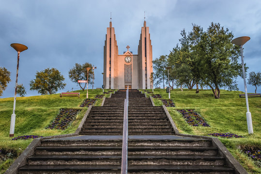 Stairs in front of Akureyrarkirkja church in Akureyri city, Iceland