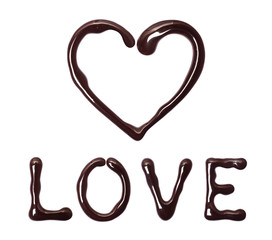 Inscription Love and heart made of chocolate isolated on white background