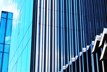 Abstract image of looking up at modern glass and concrete building. Architectural exterior detail of office building. 