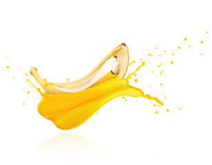 Splashes of fresh juice with banana on a white background - obrazy, fototapety, plakaty
