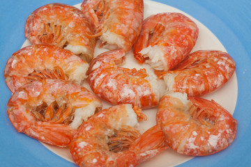 Fresh cooked lagoustines on the plate. Seafood menu.