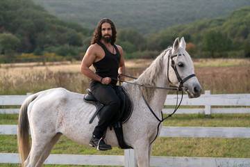Beautiful horse with man rider trotting on autumnal field. Equestrian and animal love concept....
