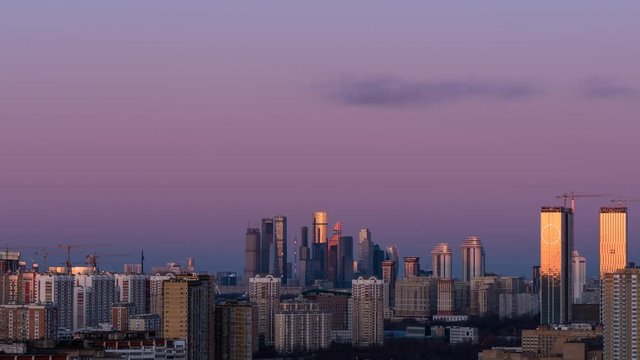 4K time lapse of day to night (holy grail) transition with view to Moscow City business district at the new 2020 year celebration