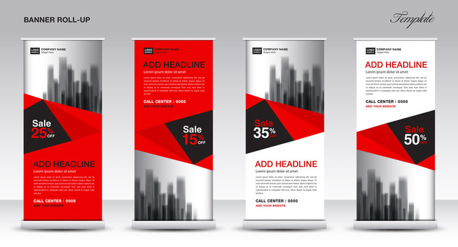 Roll up banner stand template design, Promotion Banner template, x-banner, pull up, Advertisement, creative concept, Presentation, red and black background, poster, events, display, j-flag, vector