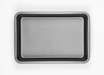 Clean and new generic rectangular baking tray shot from above in a white studio.