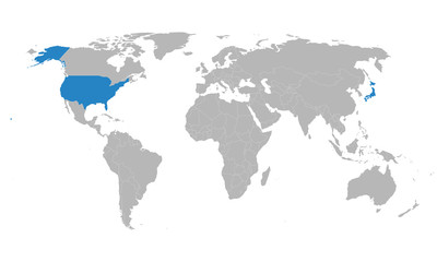 Fototapeta na wymiar Japan, USA political map marked blue. Light gray background. Vector illustration graphics design. Perfect for backgrounds, backdrop, business concepts, banner, poster, sticker, label etc.