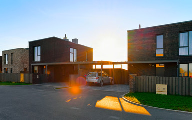 Apartment in residential building exterior. Housing structure at blue modern house of Europe....
