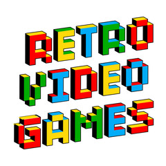 Retro video games text in style of old 8-bit games. Vibrant colorful 3D Pixel Letters. Creative digital vector poster, flyer template. Vintage arcade platformer, computer program screen Gaming concept