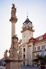 Fototapeta na wymiar Main square at Town Hall with Plague Column in town Leibnitz in Styria in Austria. Street architecture.