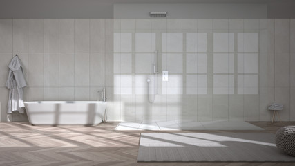 Fototapeta premium Spacious bathroom in beige tones with herringbone parquet floor, walk-in shower and freestanding tub, ceramic tiles, carpet with pouf, bathrobe and towels, minimalist interior design